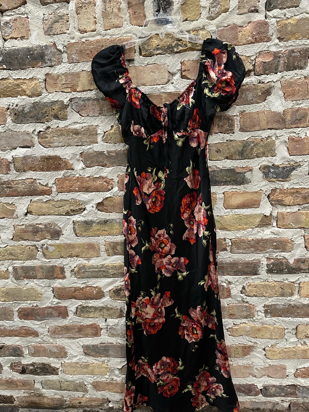 Bella Rose Black Floral Midi Dress with Puff Sleeves